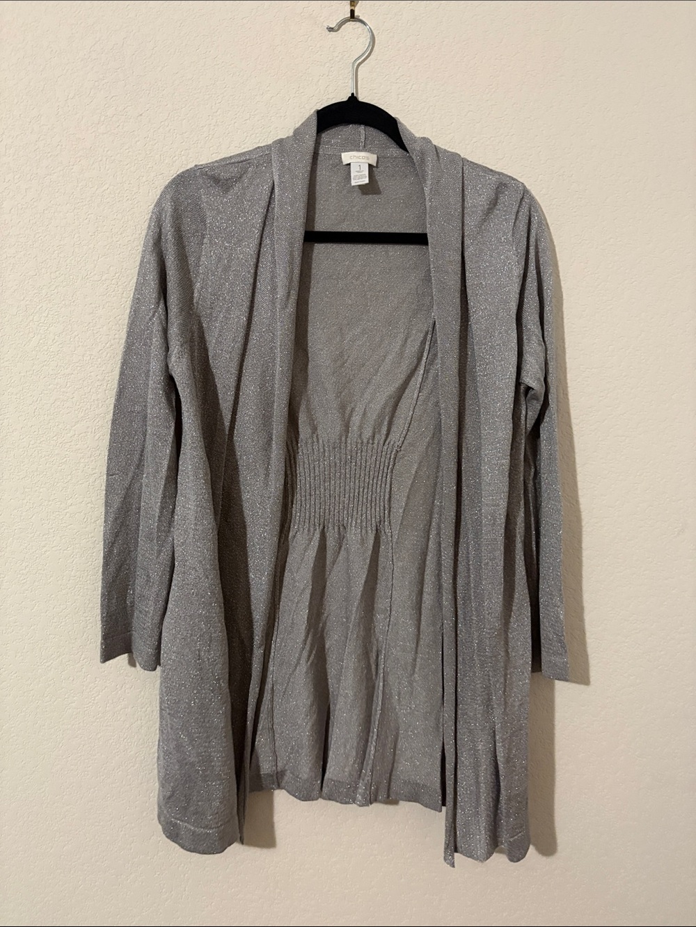 Chico's Silver Shimmer Open-Front Sweater Cardigan